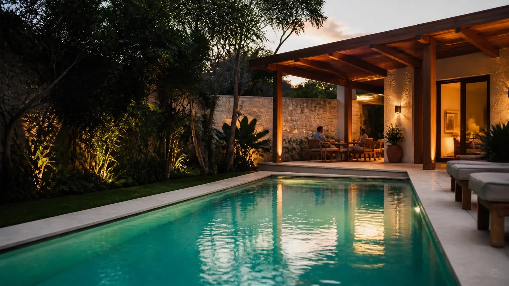 Alberca residencial limpia al atardecer
